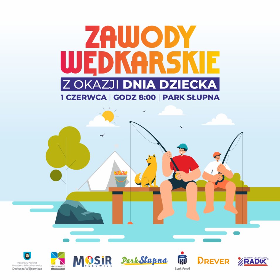 Grafika promująca zawody wędkarskie przedstawiająca dwujkę chłopców w towarzystwie psa którzy łowią ryby na pomoście