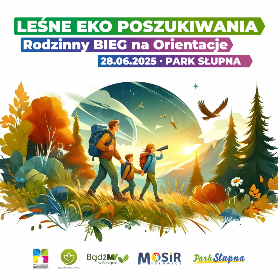 Grafika promująca rodzinny bieg na orientację przedstawiająca rodzinę wraz z pieskiem przemierzającą szlak