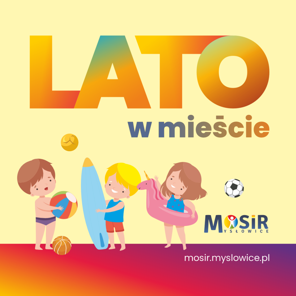 Grafika promująca akcję lato w mieście przedstawiająca bawiące się dzieci na tle napisu Lato w mieście