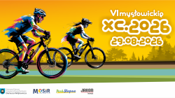 VI mysłowickie XC.2026, 29.08.2026. Kobieta i&nbsp;mężczyzna na&nbsp;rowerach górskich. Patronat Prezydenta Mysłowic, MOSiR Mysłowice, Park Słupna, Jakon Inwest.