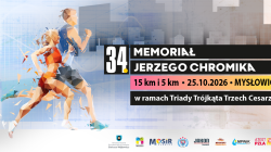 34 Memoriał Jerzego Chromika, biegi na&nbsp;15 km i&nbsp;5 km, 25.10.2026, Mysłowice, w&nbsp;ramach Triady Trójkąta Trzech Cesarzy. Sylwetki dwojga biegaczy.