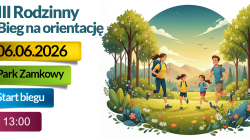 III Rodzinny Bieg na&nbsp;orientację, 06.06.2026, Park Zamkowy, start biegu 13:00. Rodzina biegnie przez słoneczny las.